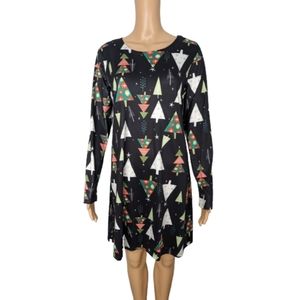 Mokingtop Black Christmas Tree Print Long Sleeve Dress M